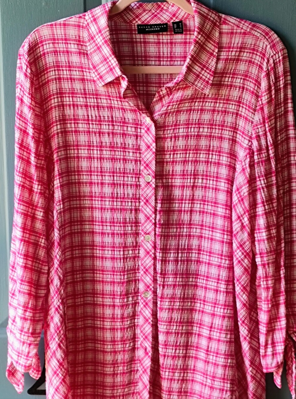 Susan Graver Pink Plaid Button-Front Tunic Shirt